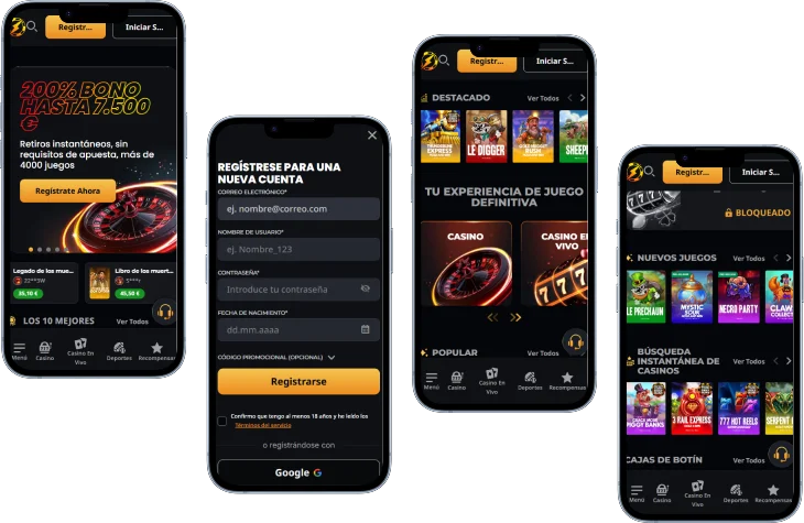 Instant Win casino versión móvil con registro, juegos, bonos y plataforma de casino online